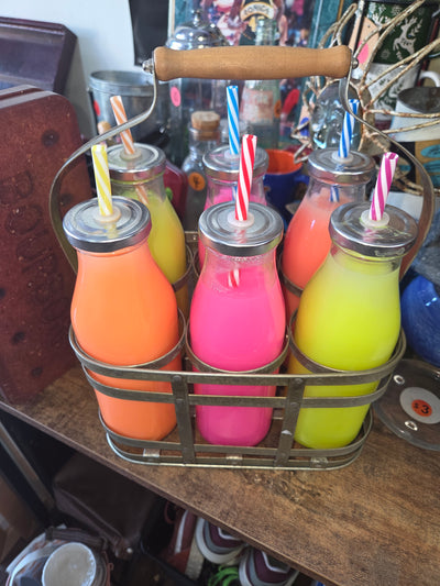 Glass Milk Bottles with Straws and Caddy