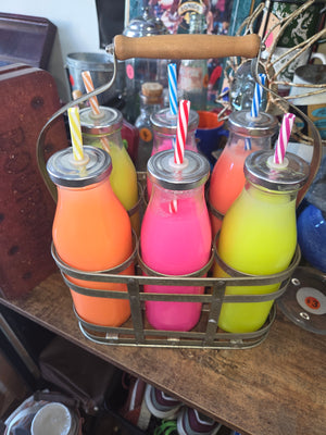 Glass Milk Bottles with Straws and Caddy