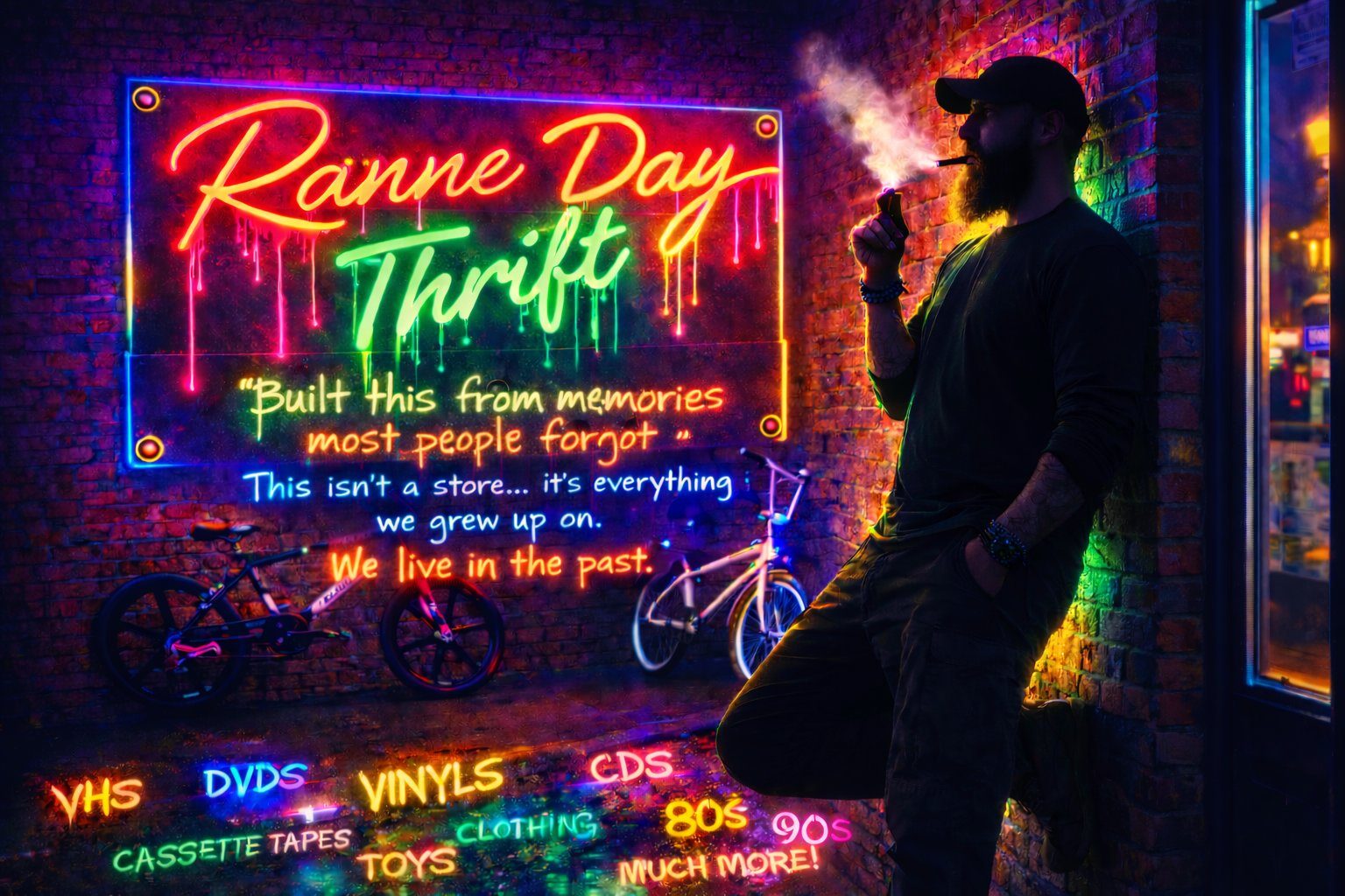 Ben standing next to the Ranne Day Thrift neon sign on a brick wall, with the quote: Built this from memories most people forgot. This isn't a store, it's everything we grew up on.
