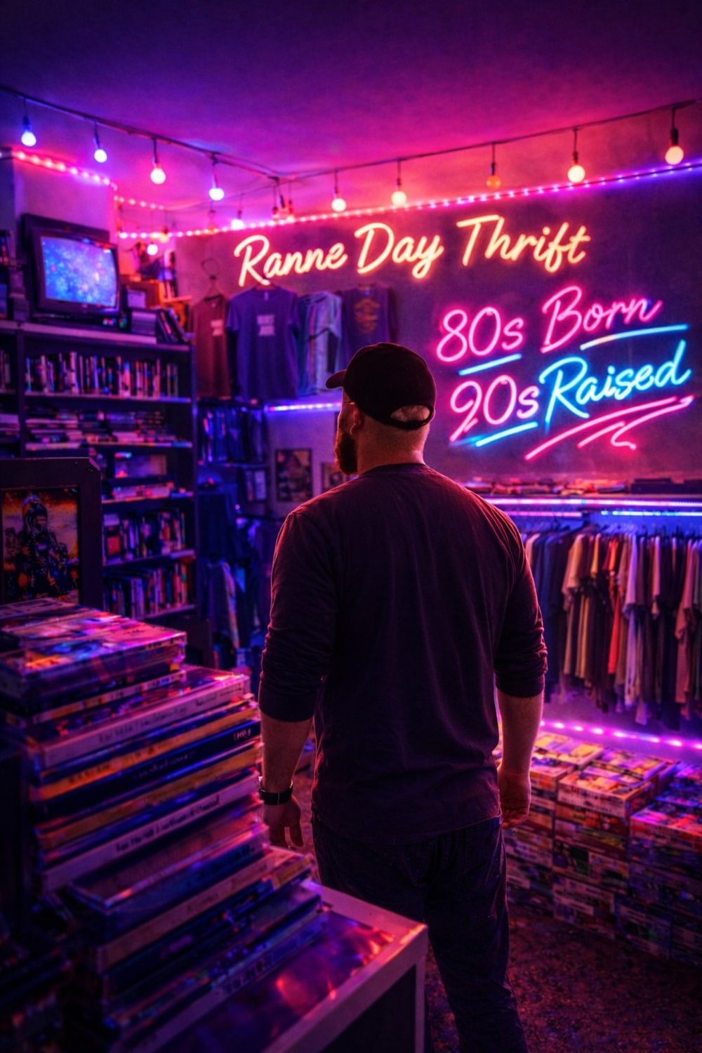 Ben inside Ranne Day Thrift, standing in front of the neon sign that reads 80s Born 90s Raised